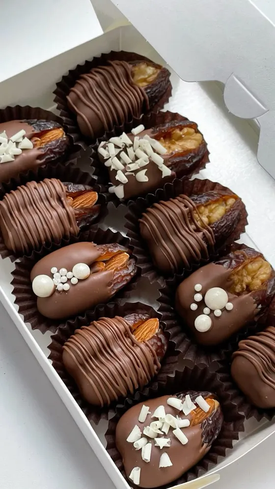 A box of Eat Good Club nutty chocolate-dipped dates topped with almonds.