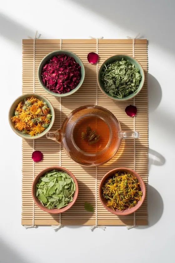 Eat Good Club herbal tea blends of dried flowers and herbs with a glass teapot.