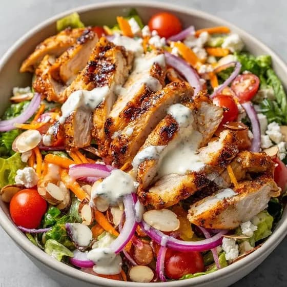 A fresh Eat Good Club salad bowl with grilled chicken, greens, tomatoes and almonds.